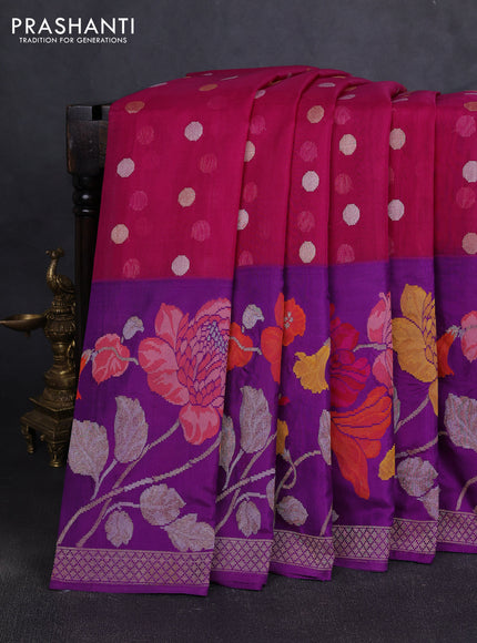 Kora jamdhani silk saree magenta pink and purple with silver & gold zari woven buttas and long floral jamdhani border