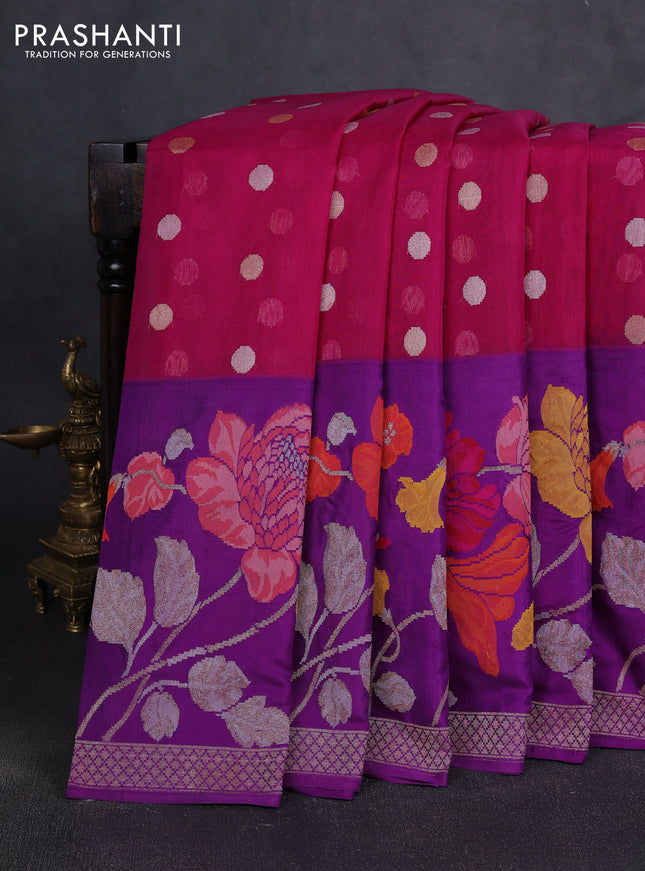 Kora jamdhani silk saree magenta pink and purple with silver & gold zari woven buttas and long floral jamdhani border