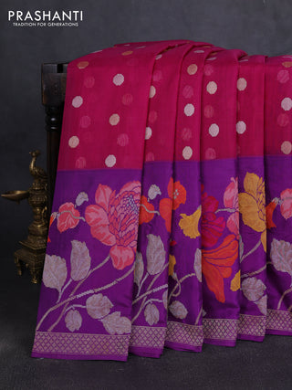 Kora jamdhani silk saree magenta pink and purple with silver & gold zari woven buttas and long floral jamdhani border