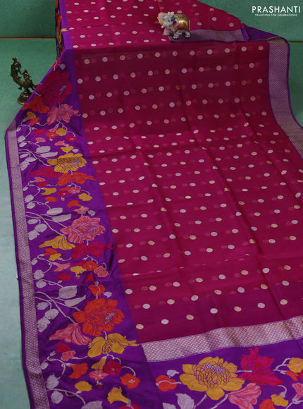 Kora jamdhani silk saree magenta pink and purple with silver & gold zari woven buttas and long floral jamdhani border