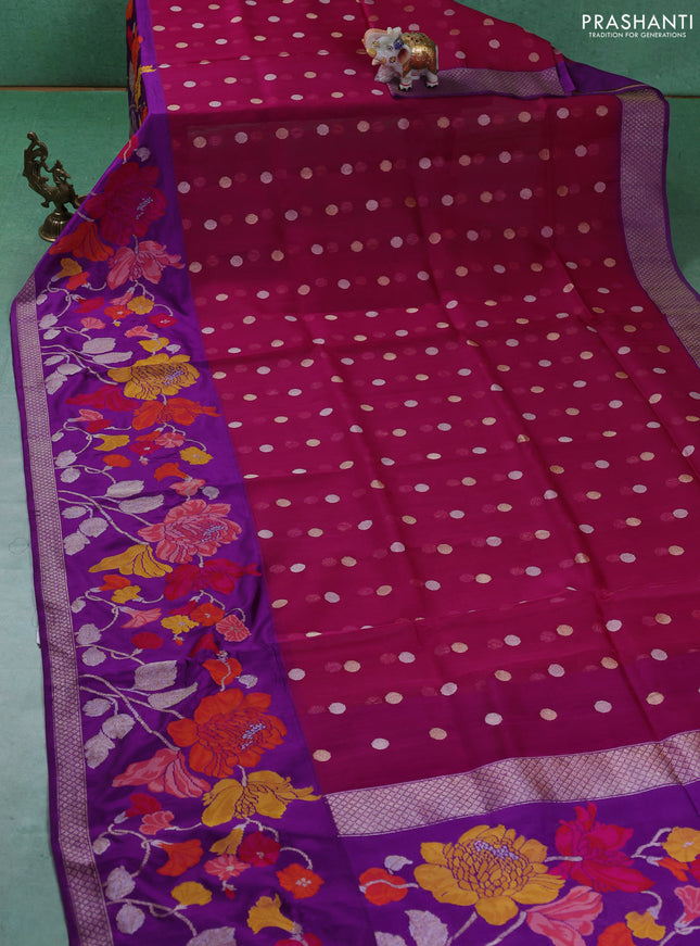 Kora jamdhani silk saree magenta pink and purple with silver & gold zari woven buttas and long floral jamdhani border