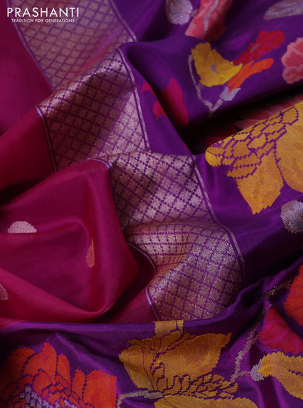 Kora jamdhani silk saree magenta pink and purple with silver & gold zari woven buttas and long floral jamdhani border