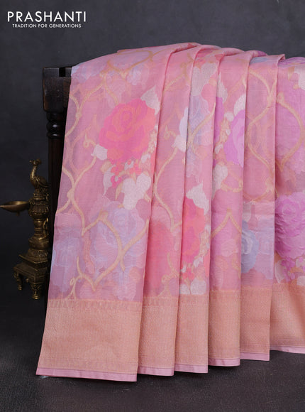 Kora jamdhani silk saree baby pink with allover floral jamdhani weaves and zari woven border