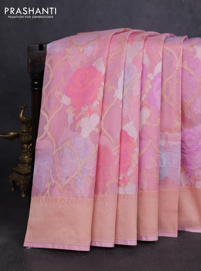 Kora jamdhani silk saree baby pink with allover floral jamdhani weaves and zari woven border