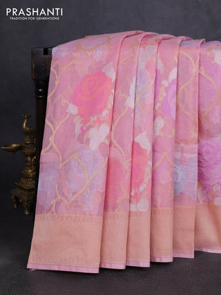 Kora jamdhani silk saree baby pink with allover floral jamdhani weaves and zari woven border