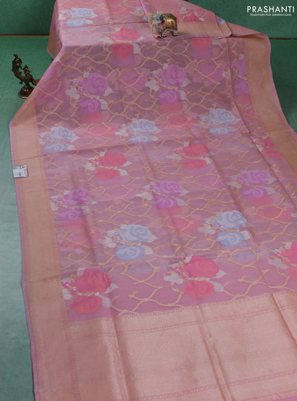 Kora jamdhani silk saree baby pink with allover floral jamdhani weaves and zari woven border