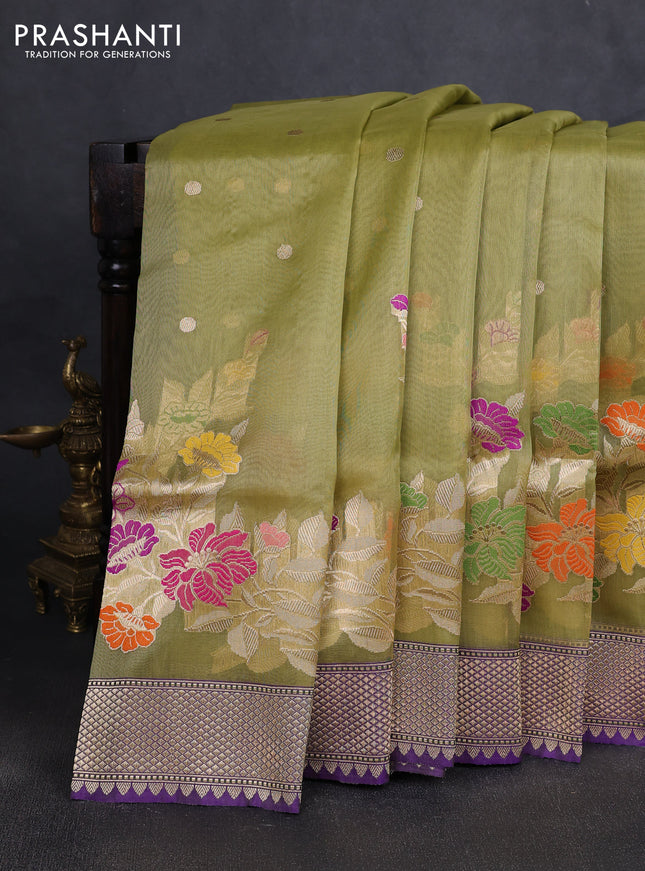 Kora jamdhani silk saree pista green and violet with zari woven buttas and floral design zari woven border