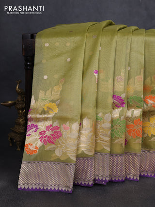 Kora jamdhani silk saree pista green and violet with zari woven buttas and floral design zari woven border
