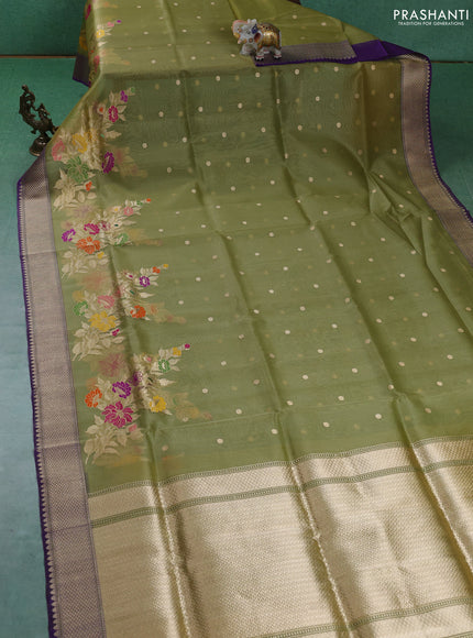 Kora jamdhani silk saree pista green and violet with zari woven buttas and floral design zari woven border