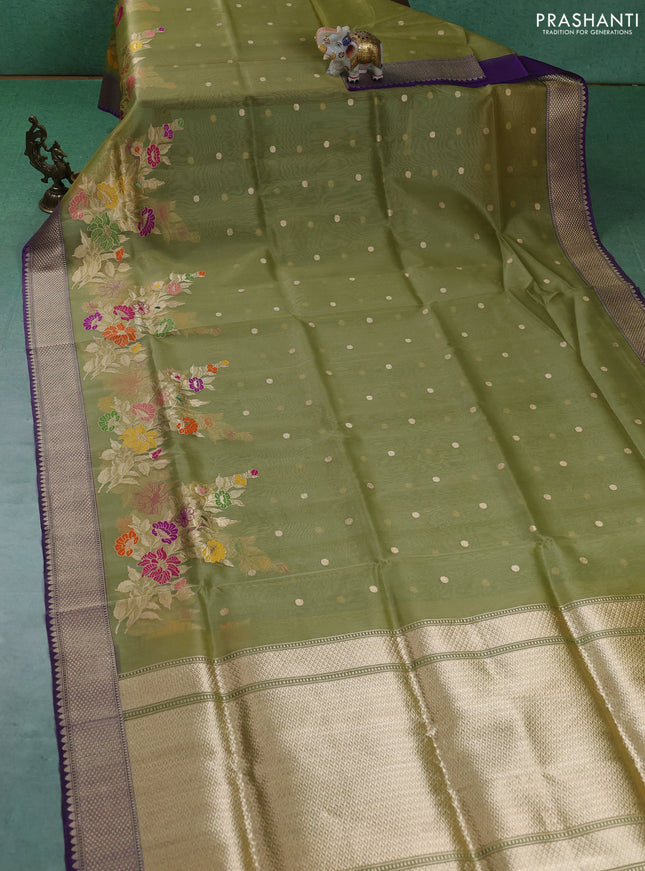 Kora jamdhani silk saree pista green and violet with zari woven buttas and floral design zari woven border