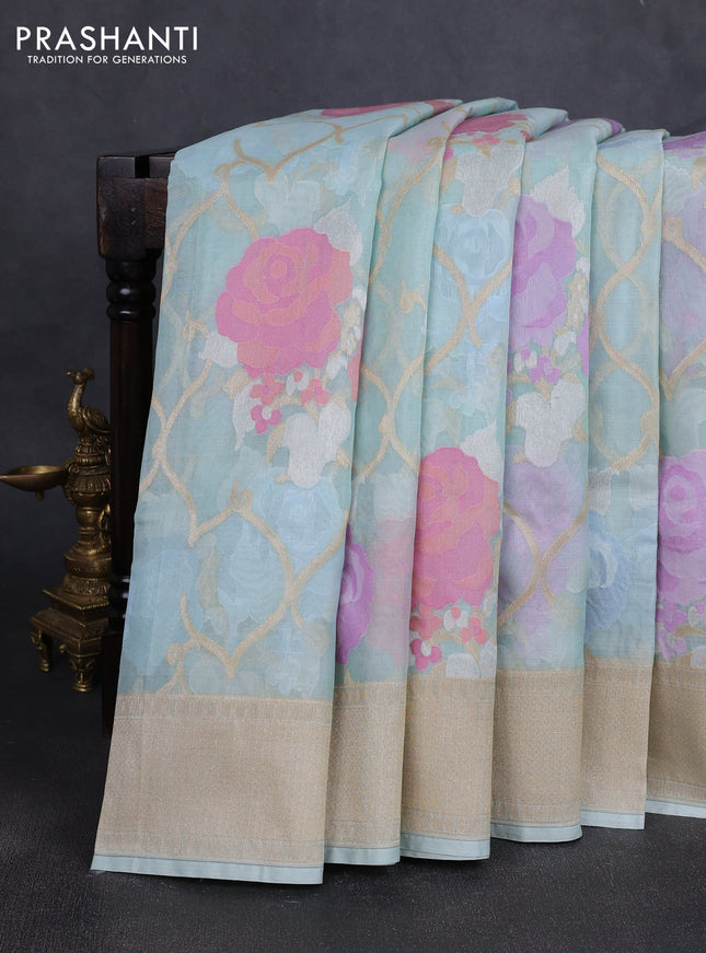 Kora jamdhani silk saree light blue with allover floral jamdhani weaves and zari woven border