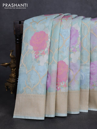 Kora jamdhani silk saree light blue with allover floral jamdhani weaves and zari woven border