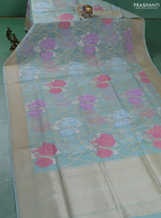 Kora jamdhani silk saree light blue with allover floral jamdhani weaves and zari woven border