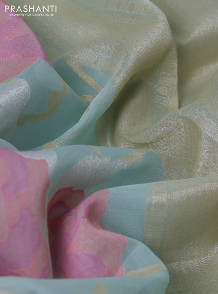 Kora jamdhani silk saree light blue with allover floral jamdhani weaves and zari woven border