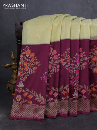 Kora jamdhani silk saree pista green and wine shade with silver & gold zari woven buttas and long floral jamdhani border