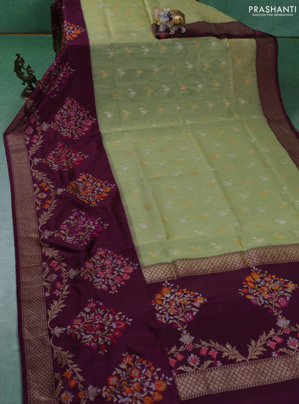 Kora jamdhani silk saree pista green and wine shade with silver & gold zari woven buttas and long floral jamdhani border
