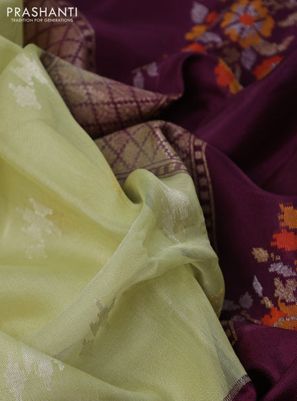Kora jamdhani silk saree pista green and wine shade with silver & gold zari woven buttas and long floral jamdhani border