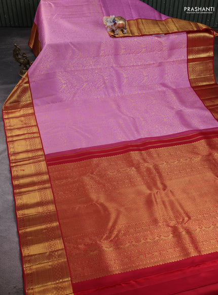 Pure kanchipuram silk saree lotus pink and red with allover zari woven brocade weaves and long rich zari woven border
