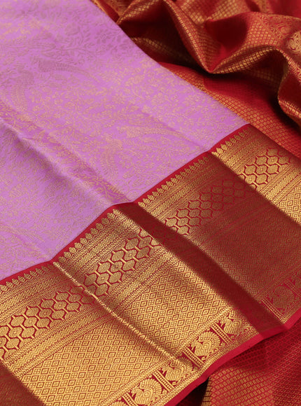 Pure kanchipuram silk saree lotus pink and red with allover zari woven brocade weaves and long rich zari woven border