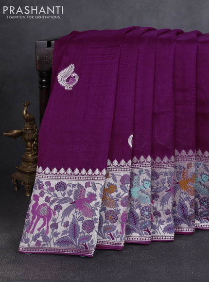 Banarasi raw silk saree purple with silver zari woven peacock buttas and silver zari woven border