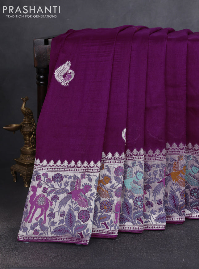 Banarasi raw silk saree purple with silver zari woven peacock buttas and silver zari woven border