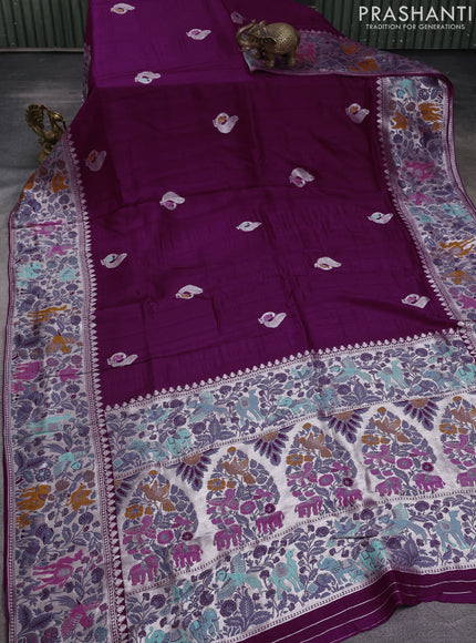 Banarasi raw silk saree purple with silver zari woven peacock buttas and silver zari woven border