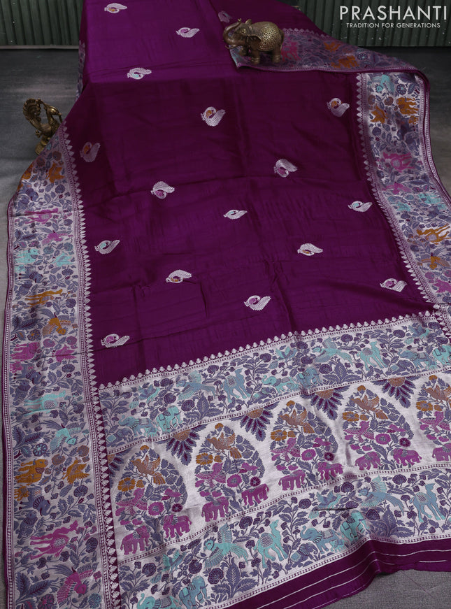 Banarasi raw silk saree purple with silver zari woven peacock buttas and silver zari woven border