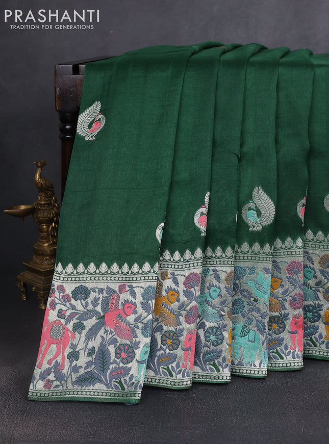 Banarasi raw silk saree green with silver zari woven peacock buttas and silver zari woven border