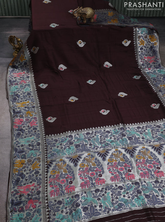 Banarasi raw silk saree coffee brown with silver zari woven peacock buttas and silver zari woven border