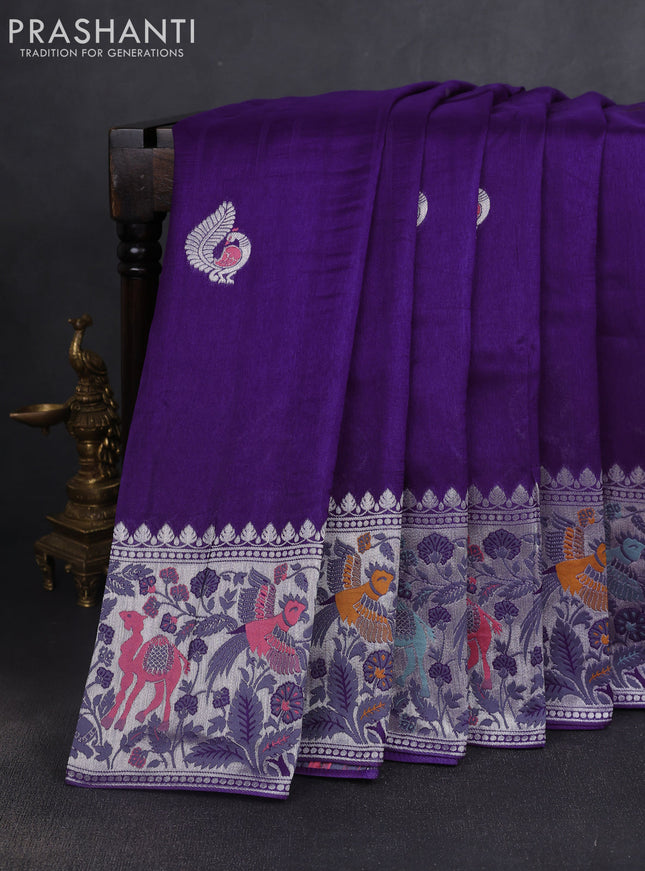 Banarasi raw silk saree violet with silver zari woven peacock buttas and silver zari woven border