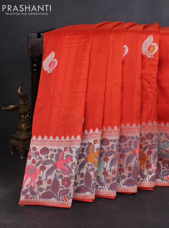 Banarasi raw silk saree orange with silver zari woven peacock buttas and silver zari woven border