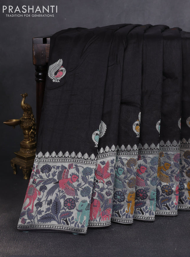 Banarasi raw silk saree black with silver zari woven peacock buttas and silver zari woven border