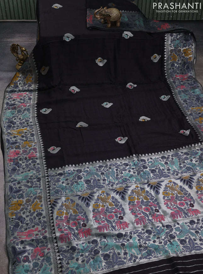 Banarasi raw silk saree black with silver zari woven peacock buttas and silver zari woven border