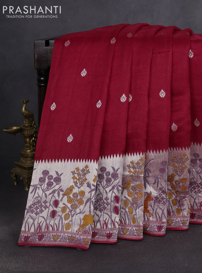 Banarasi raw silk saree red with silver zari woven buttas and silver zari woven border