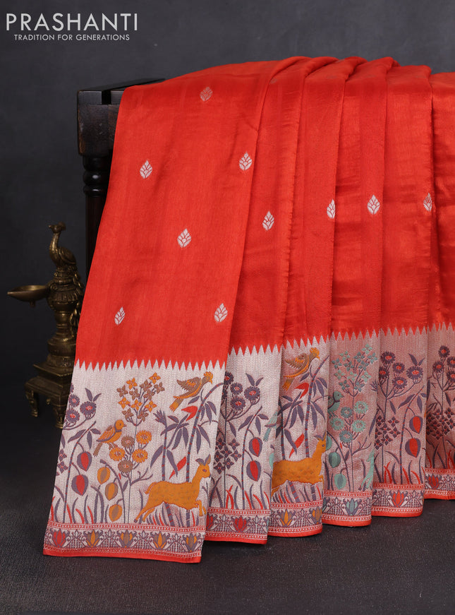 Banarasi raw silk saree orange with silver zari woven buttas and silver zari woven border