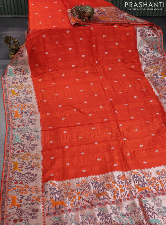 Banarasi raw silk saree orange with silver zari woven buttas and silver zari woven border