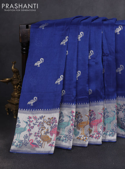 Banarasi raw silk saree blue with silver zari woven buttas and silver zari woven border