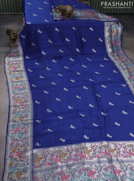Banarasi raw silk saree blue with silver zari woven buttas and silver zari woven border