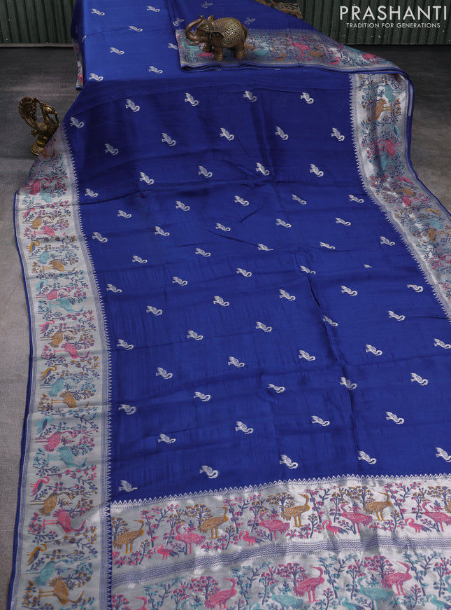 Banarasi raw silk saree blue with silver zari woven buttas and silver zari woven border