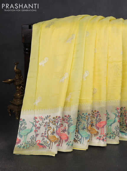 Banarasi raw silk saree yellow with silver zari woven buttas and silver zari woven border