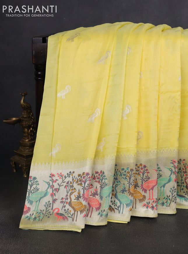Banarasi raw silk saree yellow with silver zari woven buttas and silver zari woven border