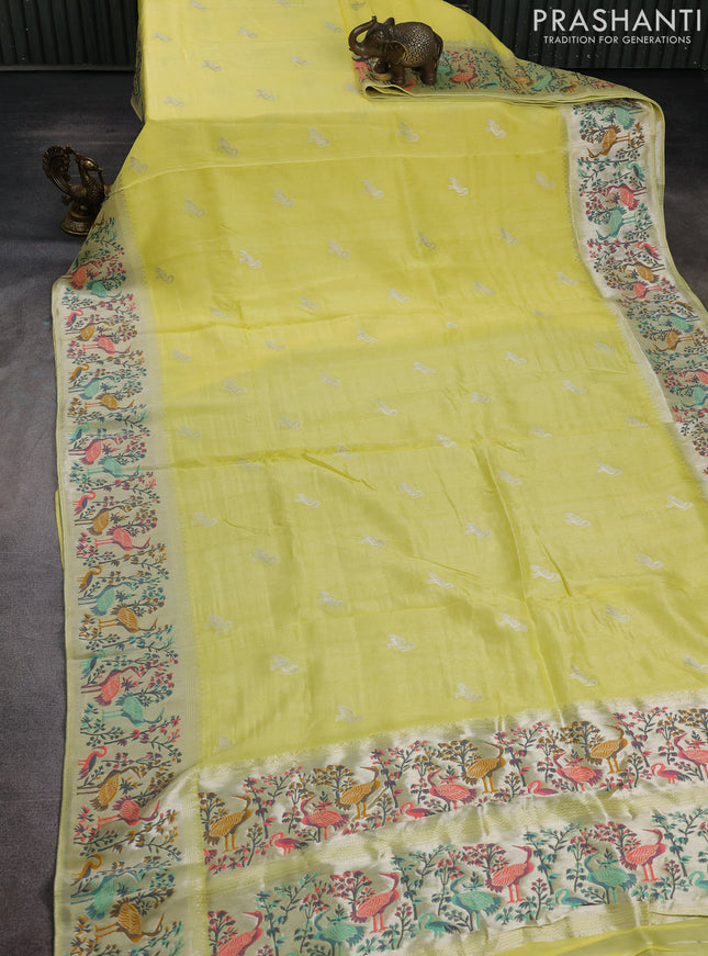 Banarasi raw silk saree yellow with silver zari woven buttas and silver zari woven border