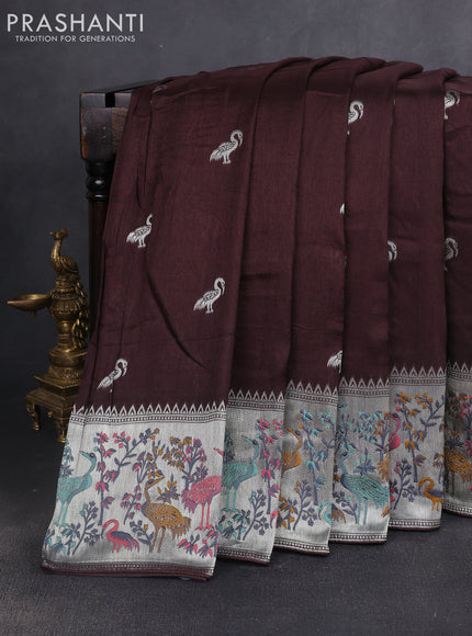 Banarasi raw silk saree coffee brown with silver zari woven buttas and silver zari woven border