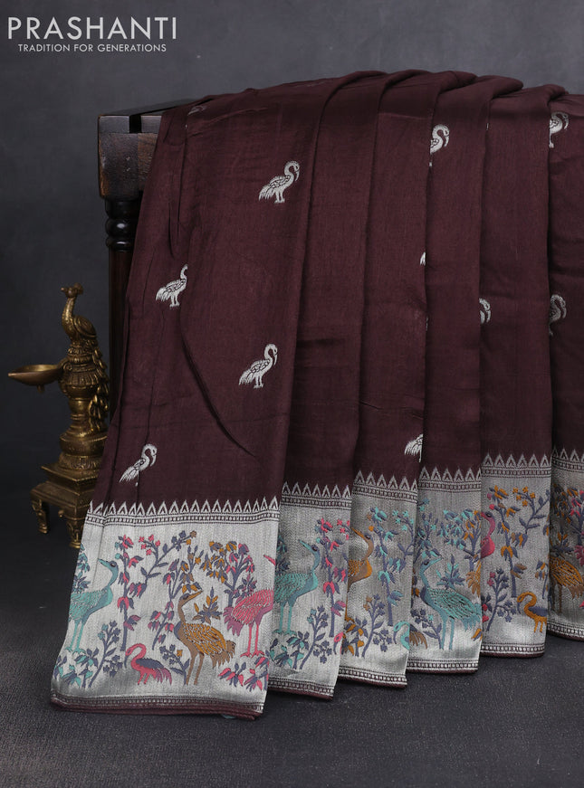 Banarasi raw silk saree coffee brown with silver zari woven buttas and silver zari woven border