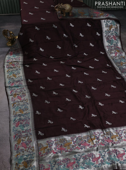 Banarasi raw silk saree coffee brown with silver zari woven buttas and silver zari woven border