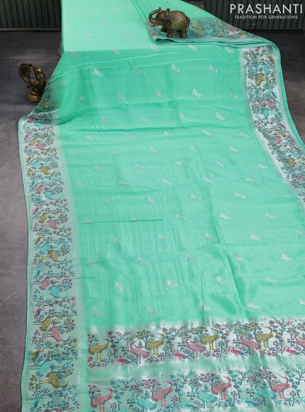 Banarasi raw silk saree teal green shade with silver zari woven buttas and silver zari woven border