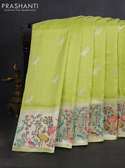 Banarasi raw silk saree fluorescent green with silver zari woven buttas and silver zari woven border