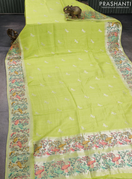 Banarasi raw silk saree fluorescent green with silver zari woven buttas and silver zari woven border