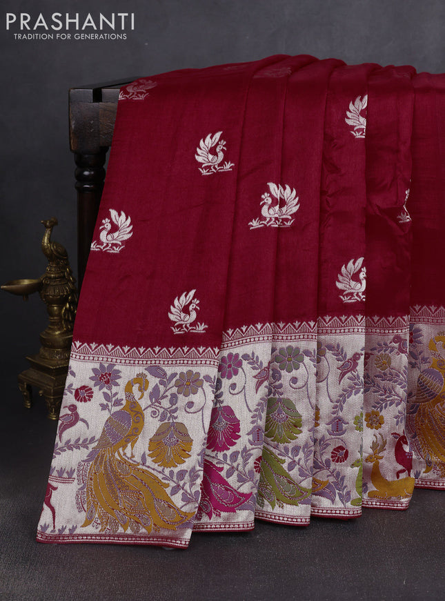 Banarasi raw silk saree red with silver zari woven peacock buttas and thread & silver zari woven border