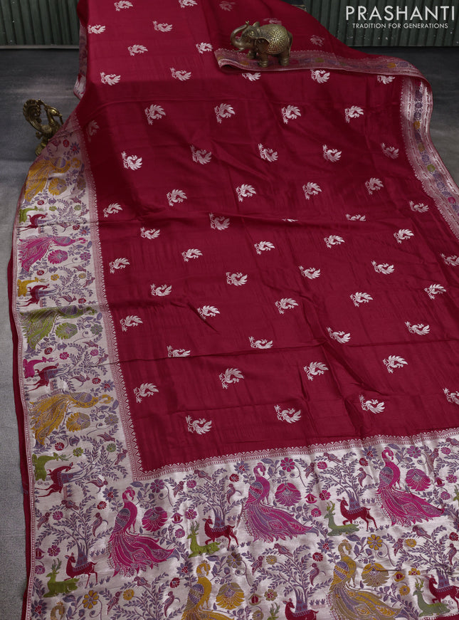 Banarasi raw silk saree red with silver zari woven peacock buttas and thread & silver zari woven border